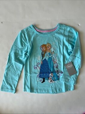 Disney Turquoise Frozen Anna and Elsa Long Sleeve Tee with Sparkle Graphic